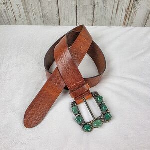 Express Leather Brown Belt with Green Stone Buckle Size Medium